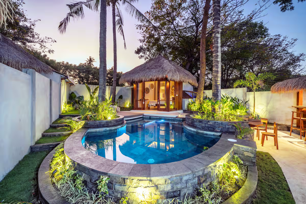 Secluded villas with private kitchens and garden views